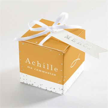 Boîte de dragées communion jaune et or dorure