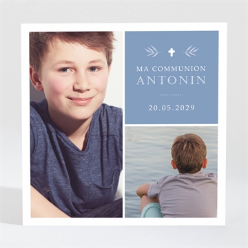 Faire-part communion bleu myosotis magnet - Mise en situation