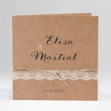 Faire-part mariage kraft et dentelle carré plié