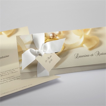 Faire-part mariage alliances fond crème ruban