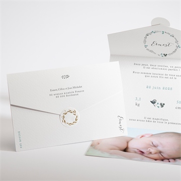 Faire-part naissance dans sa couronne enveloppe