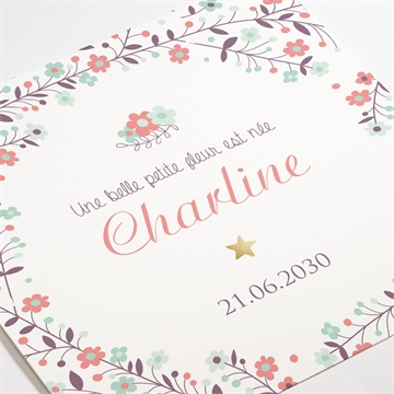 Faire-part naissance accordéon fleurs photo dorure - Détail du faire-part