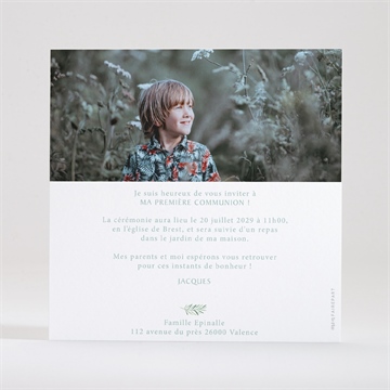 Faire-part communion végétal et dorure carré - Dos du faire-part