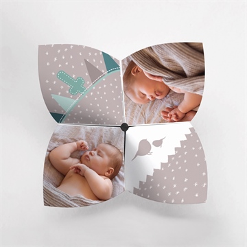 Faire-part de baptême colombe et banderoles origami - Vue du dessus