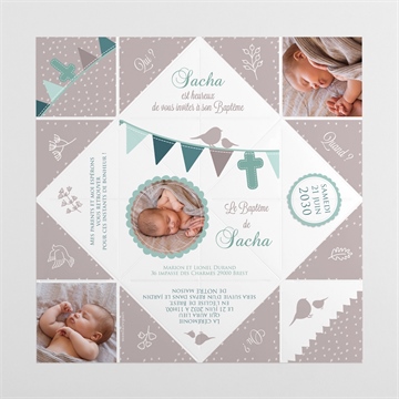 Faire-part de baptême colombe et banderoles origami - Vues dépliée