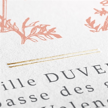 Faire-part de baptême gravure rosée dorure - Détail du dos du faire-part