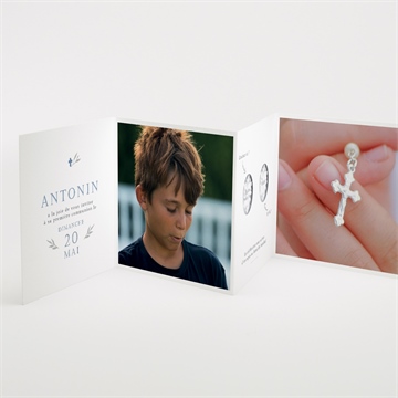 Faire-part communion bleu myosotis accordéon - Intérieur du faire-part