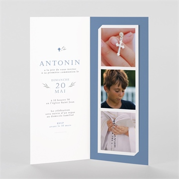 Faire-part communion bleu myosotis photomaton - Intérieur du faire-part