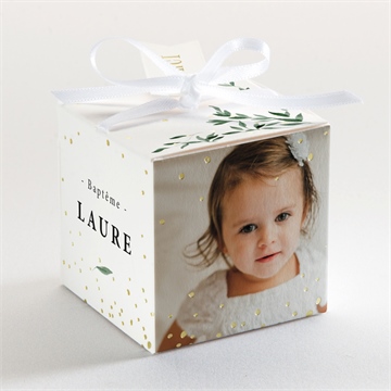 Boîte de dragées baptême décoration végétale dorure - Dos de la boîte