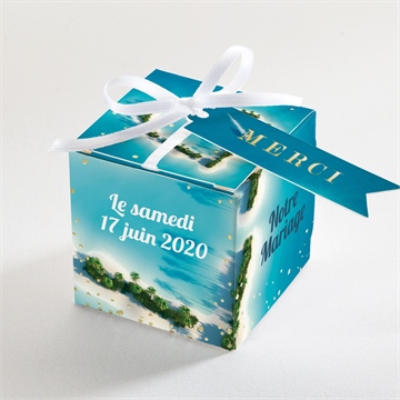 Boîte de dragées mariage eaux turquoises dorure