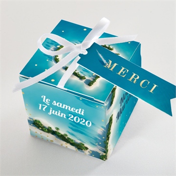 Boîte de dragées mariage eaux turquoises dorure - Dessus de la boîte