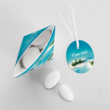 Boîte de dragées mariage eaux turquoises étui - Dos de la boîte