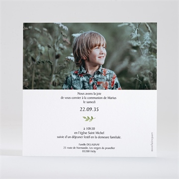 Faire-part communion illustration végétale dorure - Dos du faire-part