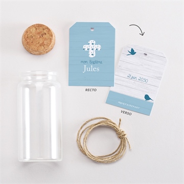 Mignonette baptême noeud et croix étiquette - Vue d'ensemble