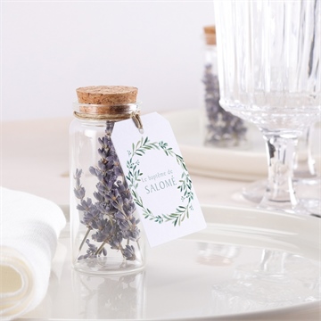 Mignonette baptême feuilles et or étiquette - Mise en situation