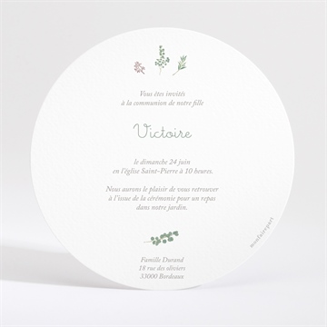 Faire-part communion printanier rond - Dos du faire-part