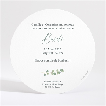 Faire-part naissance nouvelle printanière rond - Dos du faire-part