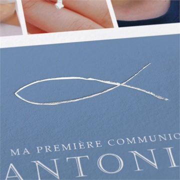 Faire-part communion bleu myosotis dorure - Détail du faire-part