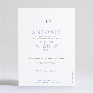 Faire-part communion bleu myosotis dorure - Dos du faire-part