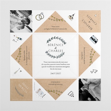Remerciement mariage avec programme origami - Faire-part déplié