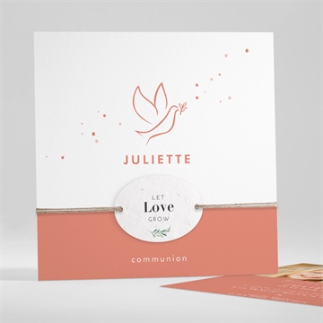 Faire-part communion colombe dorée ensemencé