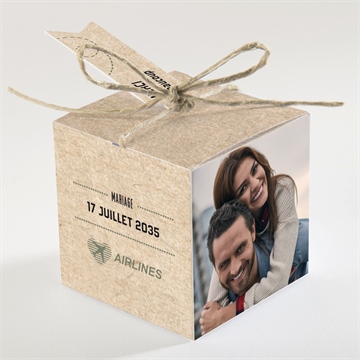Boîte de dragées mariage billet d'avion - Dos de la boîte