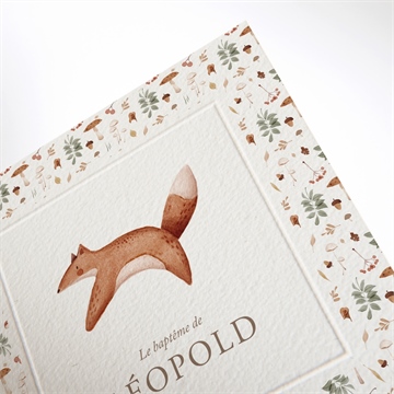 Faire-part de baptême renard en forêt gaufrage - Détail du faire-part