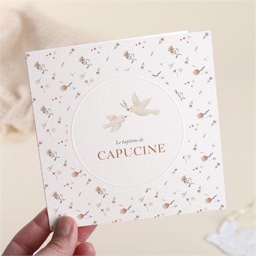 Faire-part de baptême douces colombes or