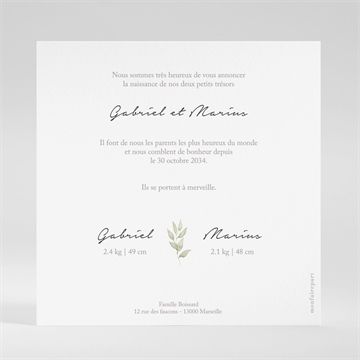 Faire-part naissance bodys jumeaux carré - Dos du faire-part