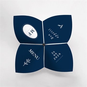 Menu mariage bleu romantique cocotte - Vue du dessus