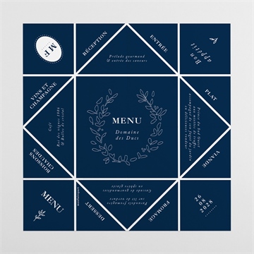 Menu mariage bleu romantique cocotte - Vue dépliée