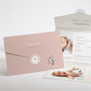 Faire-part naissance passeport fille enveloppe