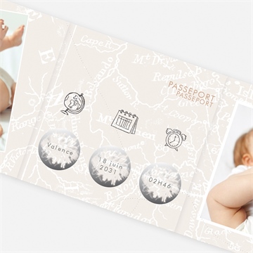 Faire-part naissance passeport fille accordéon - Détail du faire-part