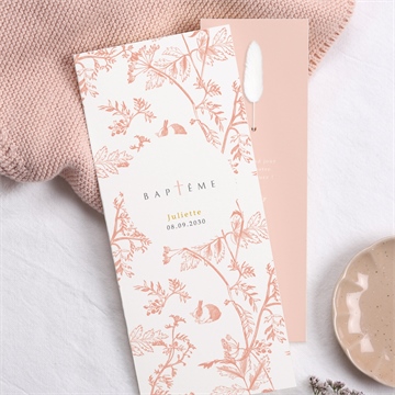 Faire-part de baptême gravure rosée fleur séchée