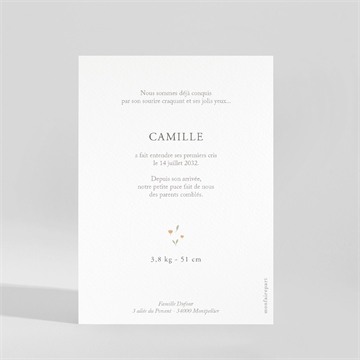 Faire-part naissance fleurs et renard - Dos du faire-part