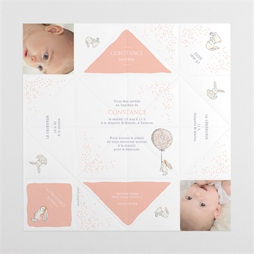 Faire-part de baptême petit lapin baptême origami - Vues dépliée
