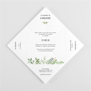 Faire-part de baptême kraft végétal origami - Vue intérieure pliée