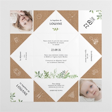 Faire-part de baptême kraft végétal origami - Vues dépliée