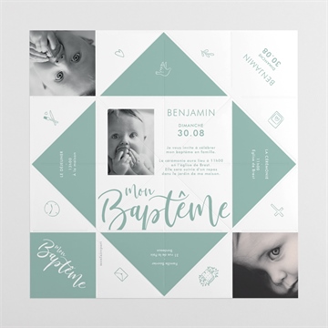Faire-part de baptême jeu de mots origami - Vues dépliée