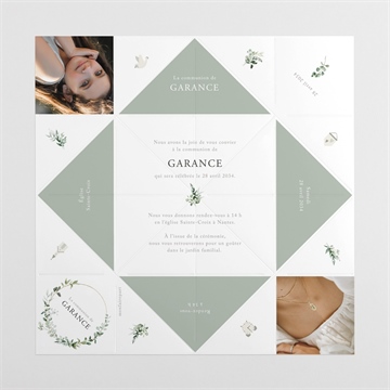 Faire-part communion gravée au coeur origami - Vue dépliée