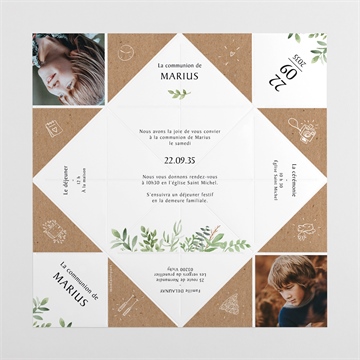 Faire-part communion illustration végétale origami - Vue dépliée