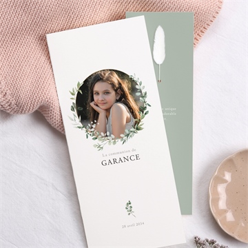 Faire-part communion gravée au coeur fleur séchée