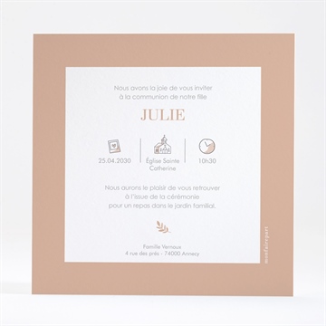 Faire-part communion beaux symboles cuivré - Dos du faire-part