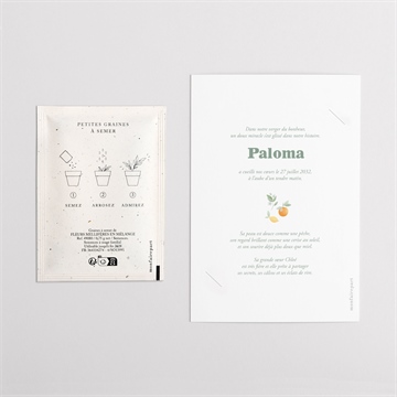 Faire-part naissance motif fruité avec graines - Dos du faire-part