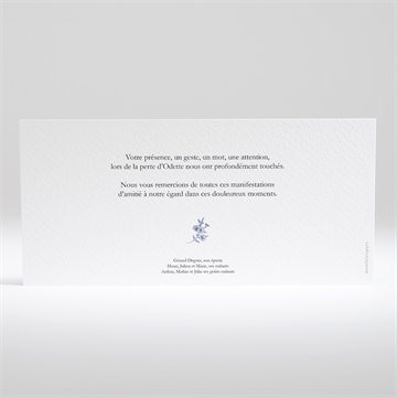 Remerciement décès fleurs bleues allongé - Dos du faire-part