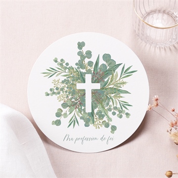 Faire-part profession de foi croix et feuillage