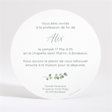 Faire-part profession de foi croix et feuillage - Dos du faire-part