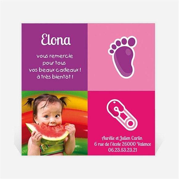 Remerciement naissance coucou violet et rose