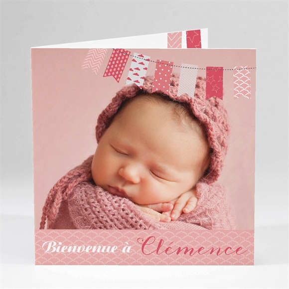 Faire-part naissance petits fanions roses et blanc