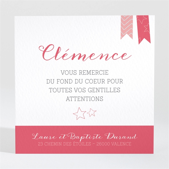 Remerciement naissance petits fanions roses et blanc